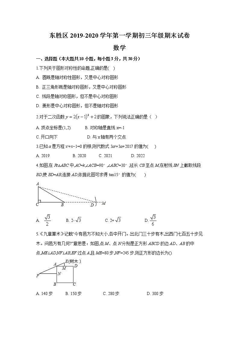 内蒙古鄂尔多斯市东胜区2019-2020学年九年级上学期期末考试数学试题（无答案）第1页