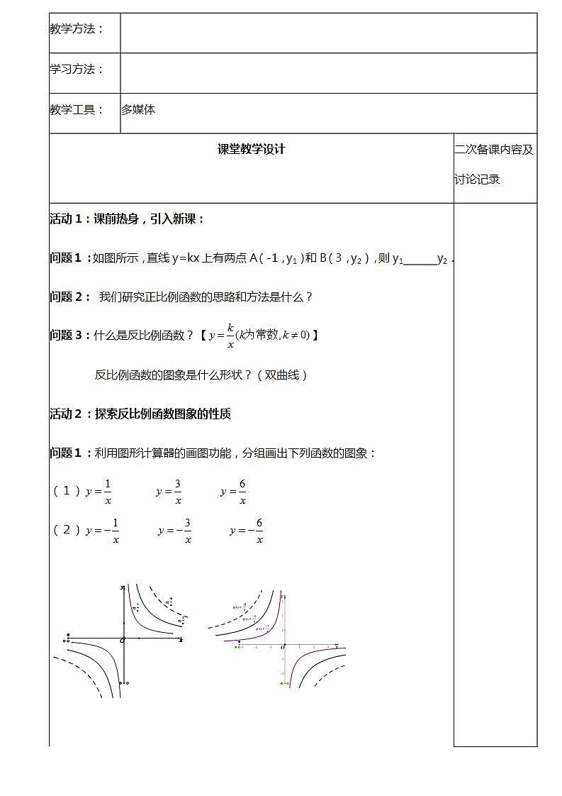 26.1.2 （1） 反比例函数图像 教案第2页