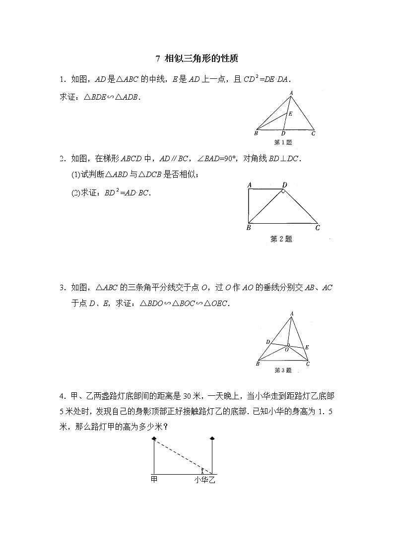 北师大九年级数学4.7《相似三角形的性质》随堂练习01