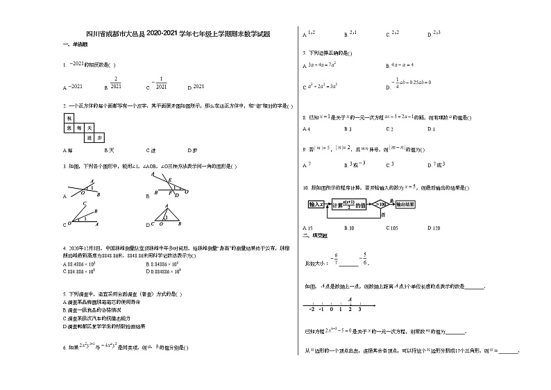 四川省成都市大邑县2020-2021学年七年级上学期期末数学试题新人教版01