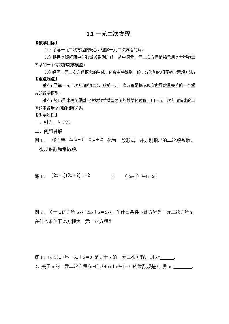 苏科版九年级数学上册 1.1 一元二次方程(13)（教案）01