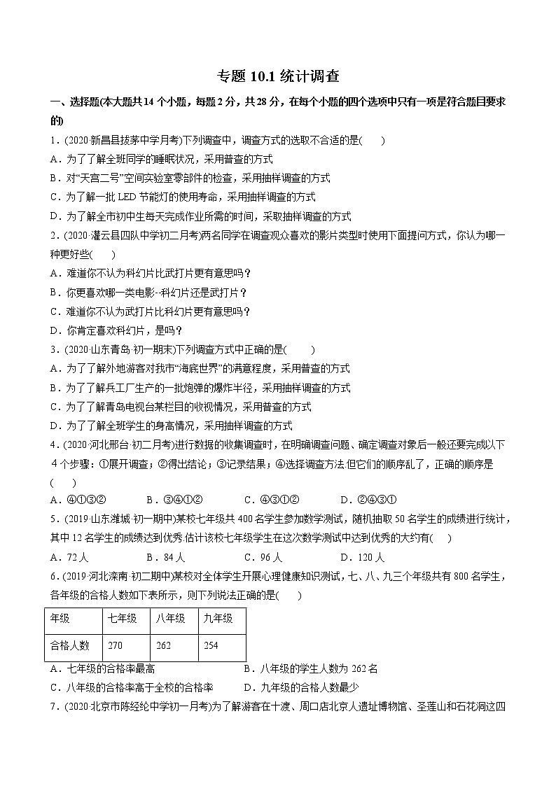专题10.1统计调查（测试）-2021年初中数学七年级下册同步讲练（学生版）01