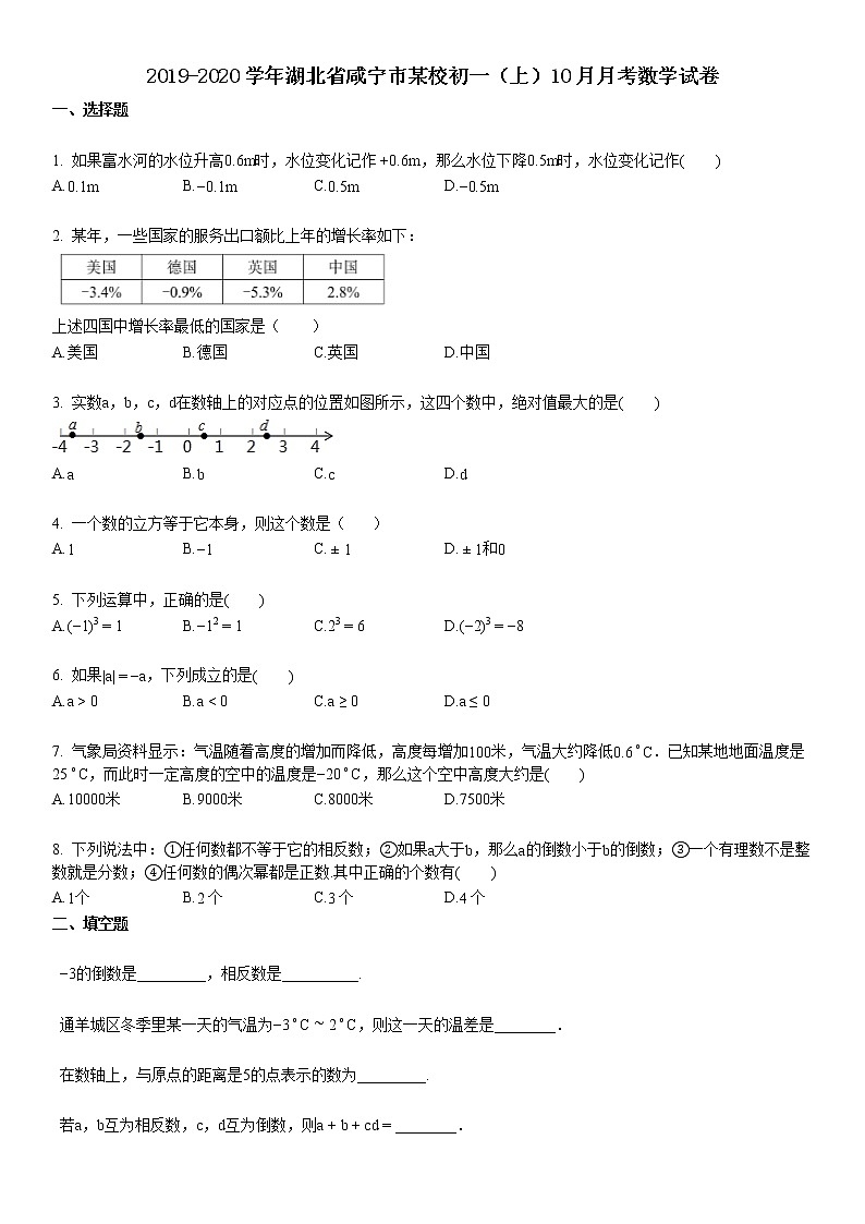 2019-2020学年湖北省咸宁市某校初一（上）10月月考数学试卷第1页
