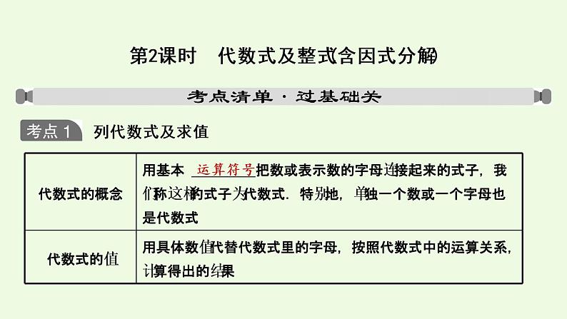 2020-2021学年中考一轮复习人教版数学专题  02第一章 第2课时 代数式及整式(含因式分解).课件PPT第1页