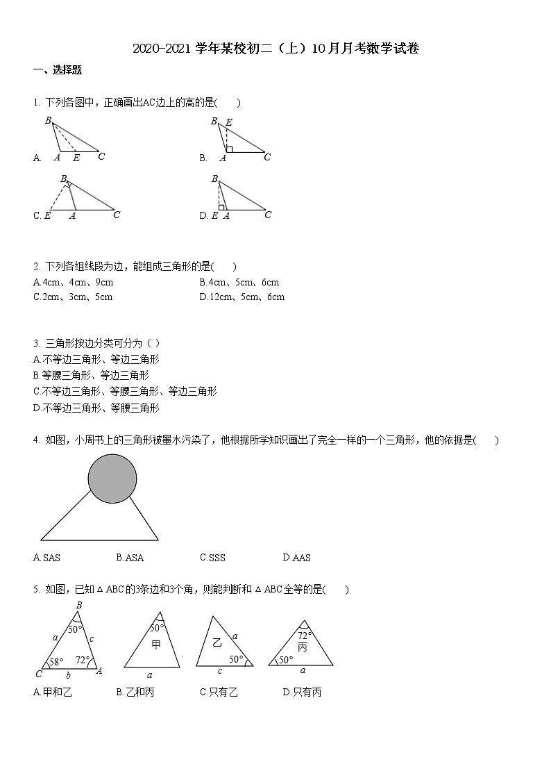 2020-2021学年初二（上）10月月考数学试卷第1页