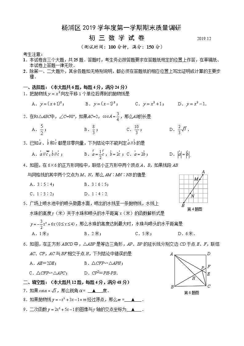 2019学年杨浦初三数学一模试卷01