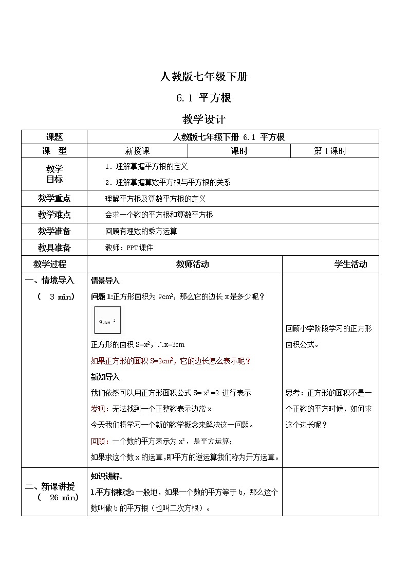 人教版七年级下册 6.1 平方根 课件+教案+练习01