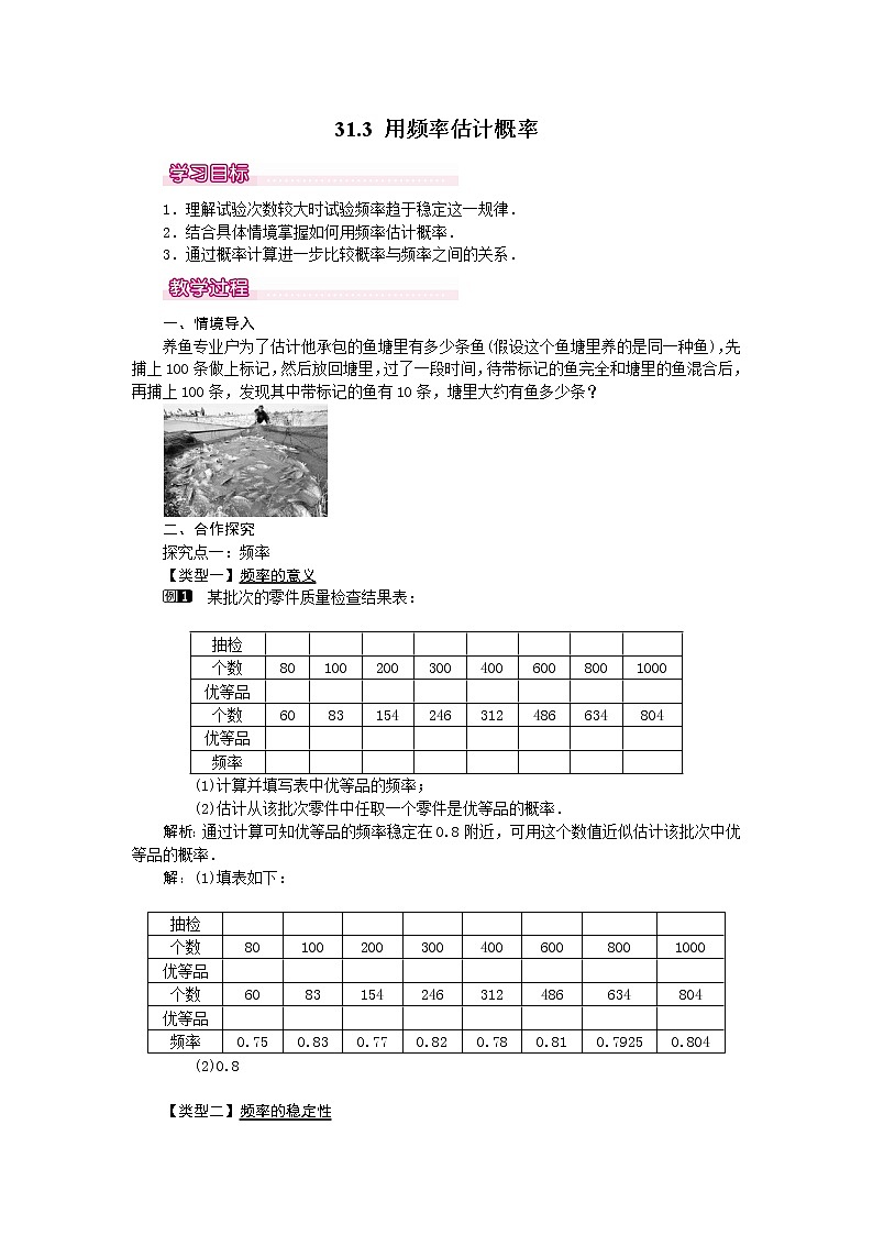 冀教版数学九年级下册 31.3 用频率估计概率【课件+教案】01