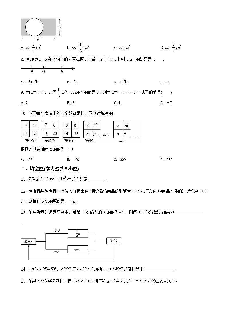 2020-2021学年人教版安徽省安庆市怀宁县七年级数学上学期期末考试试卷02