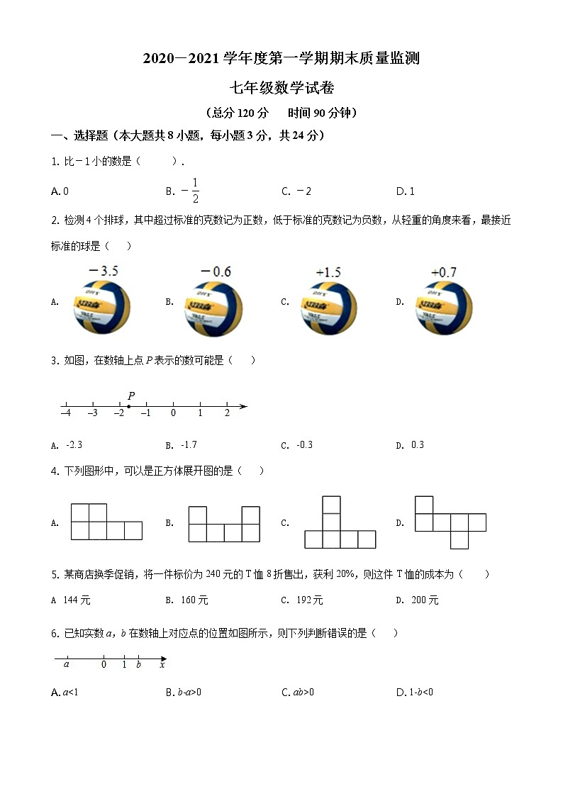 2020-2021学年人教版吉林省吉林市舒兰市七年级数学上学期期末考试试卷01