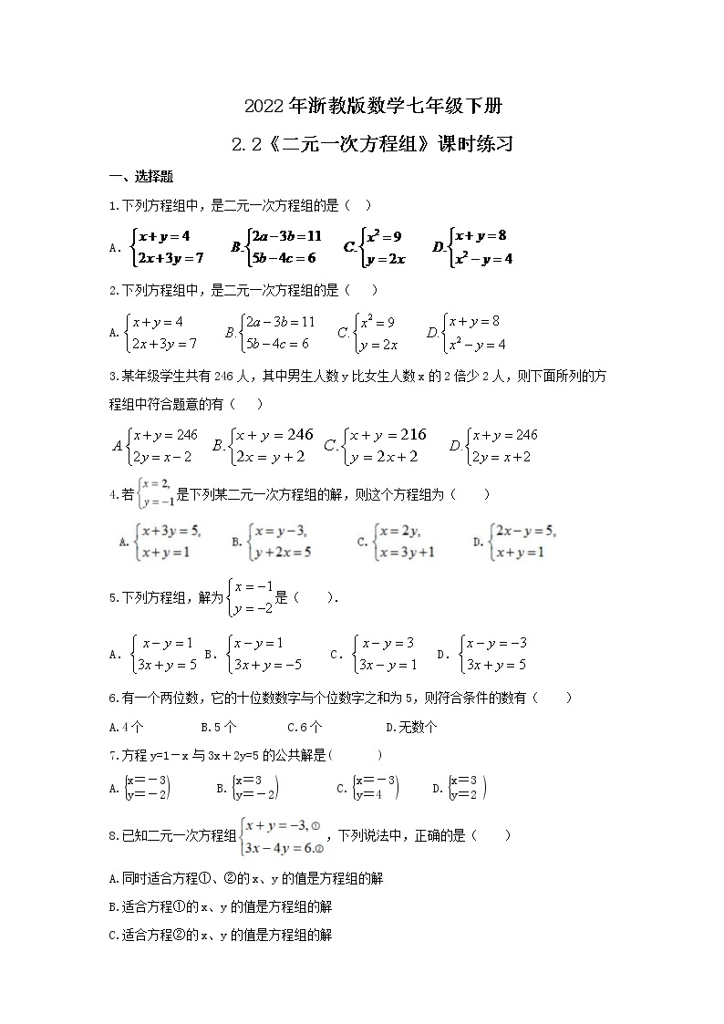 2022年浙教版数学七年级下册2.2《二元一次方程组》课时练习（含答案）01