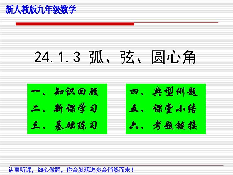 人教版九年级数学上册24．1．3 弦、弧、圆心角教学课件（共26张）第1页