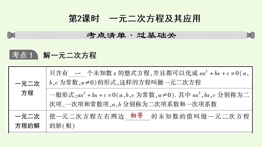 2021年人教版数学中考专题复习 第二章 第2课时 一元二次方程及其应用 课件第1页