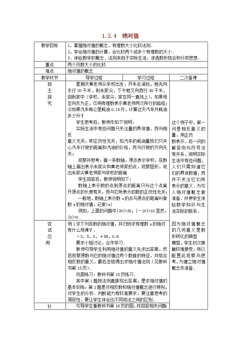 山东省临沂市蒙阴县第四中学七年级数学上册《1.2.4 绝对值》教案 （新版）新人教版第1页