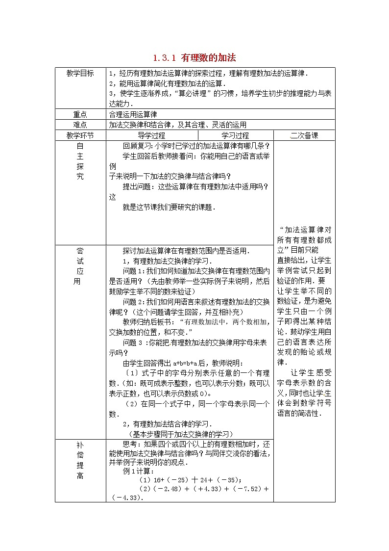 山东省临沂市蒙阴县第四中学七年级数学上册《1.3.1 有理数的加法》教案2 （新版）新人教版第1页