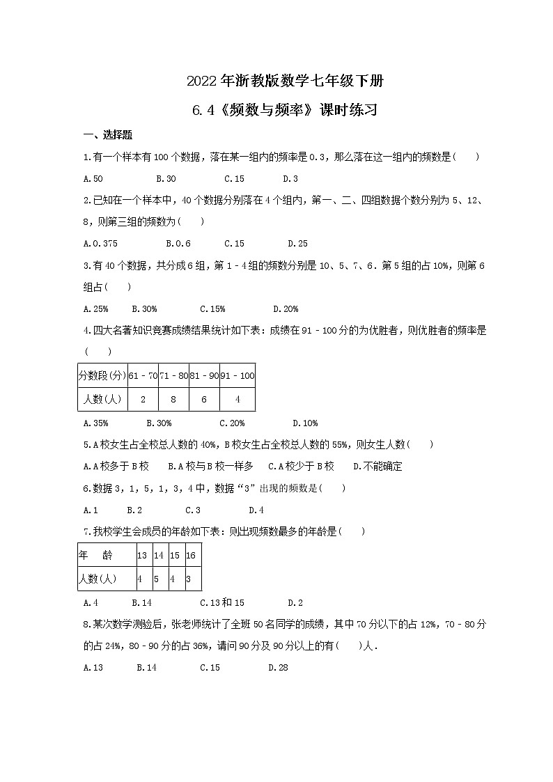 2022年浙教版数学七年级下册6.4《频数与频率》课时练习（含答案）第1页