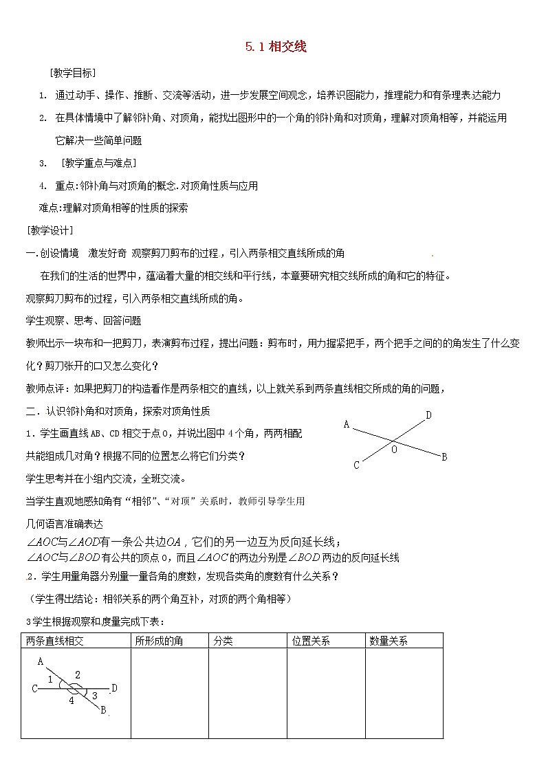 第1套人教初中数学七下 5.1 相交线教案01