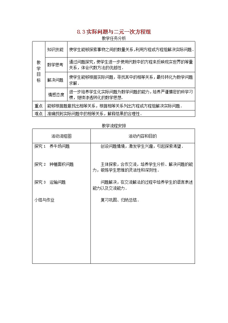 第2套人教初中数学七下  8.3 实际问题与二元一次方程组教案第1页