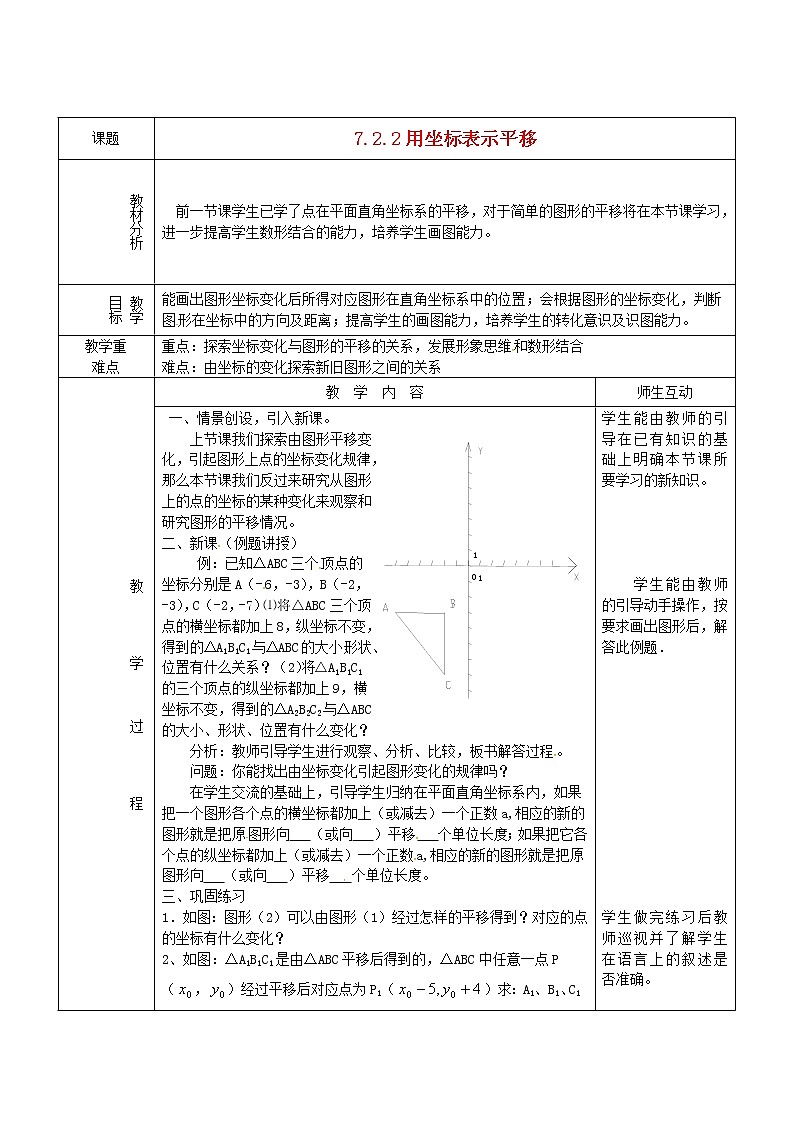 第5套人教初中数学七下  7.2.2 用坐标表示平移(二) 教案第1页