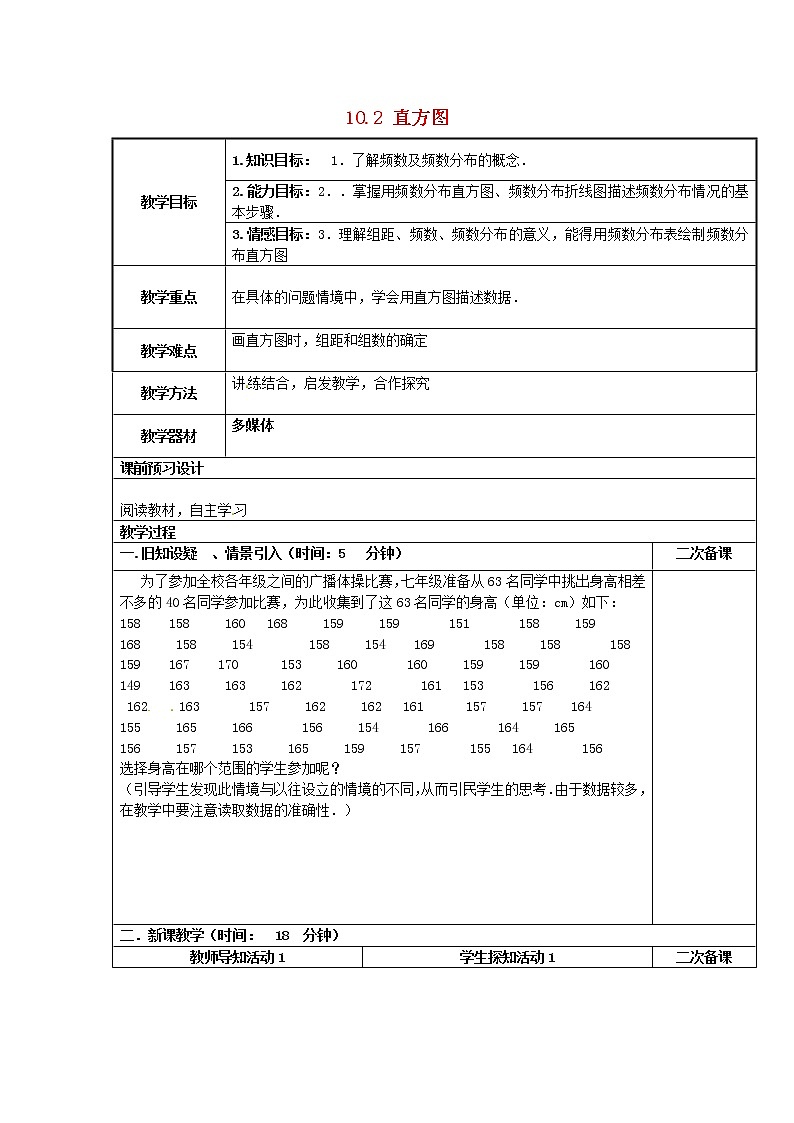 第8套人教初中数学七下  10.2 直方图教案1第1页
