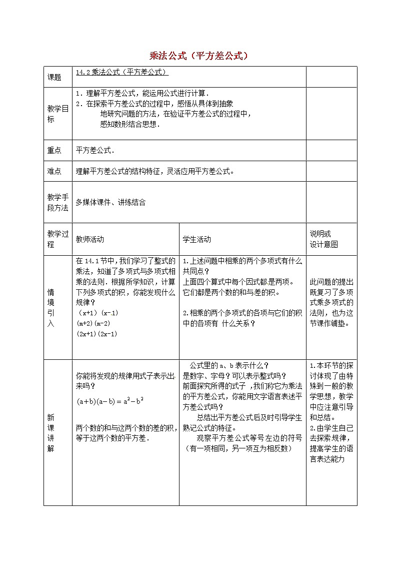 第6套人教初中数学八上  14.2《乘法公式》平方差公式（第2课时）教案01
