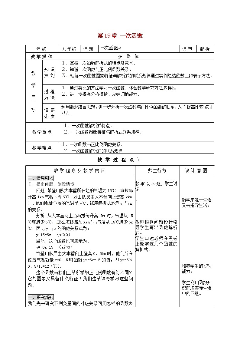 第1套第1套人教初中数学八下  第19章 一次函数教案第1页