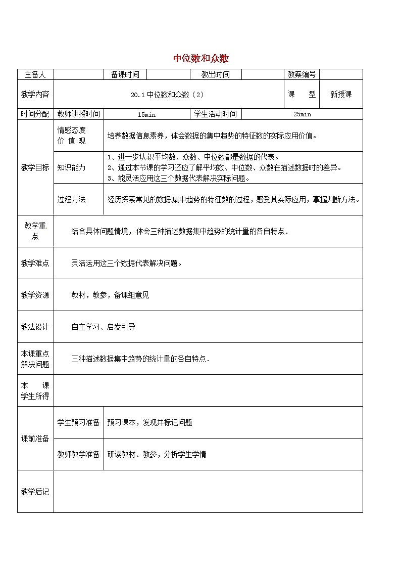 第1套第2套人教初中数学八下  20.1.2 中位数和众数教案201