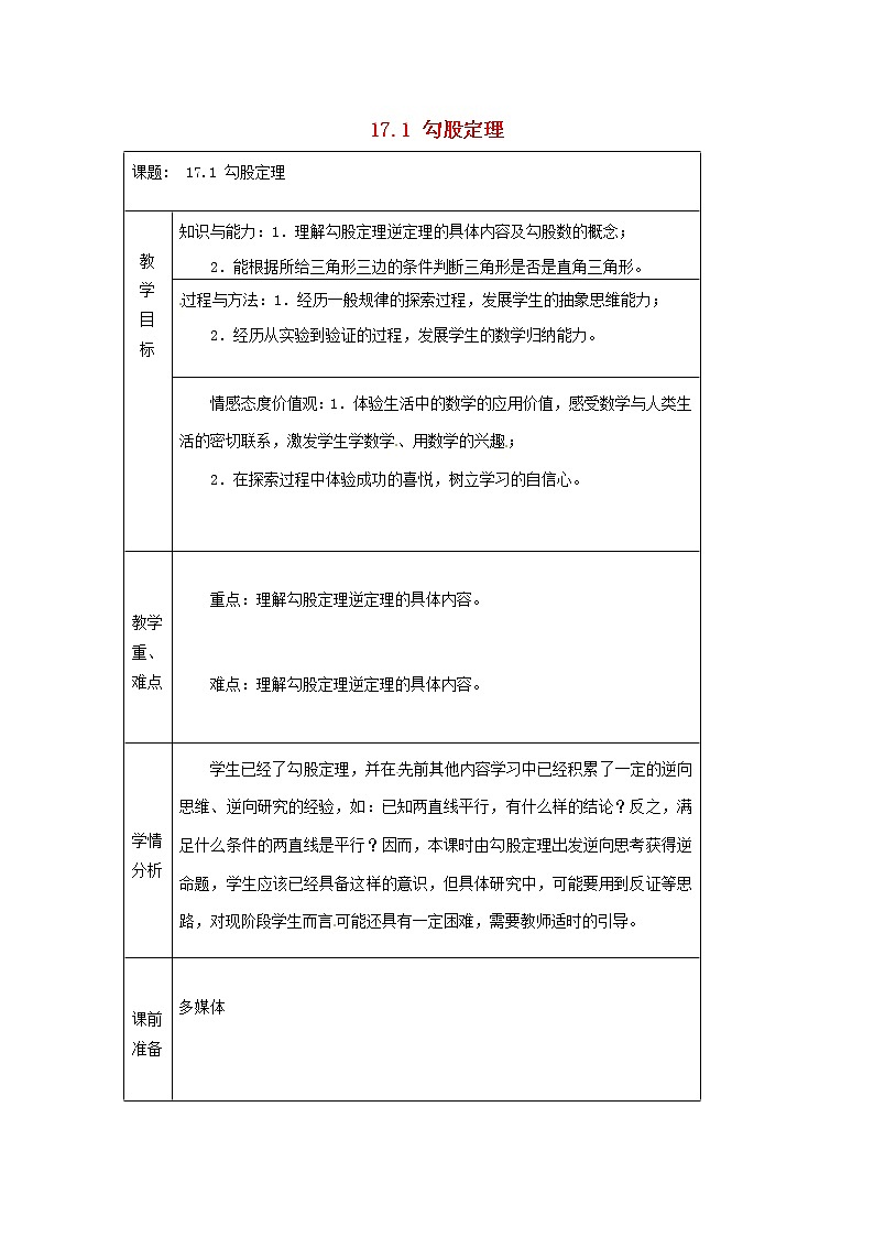 第1套第4套人教初中数学八下  17.1 勾股定理教案01