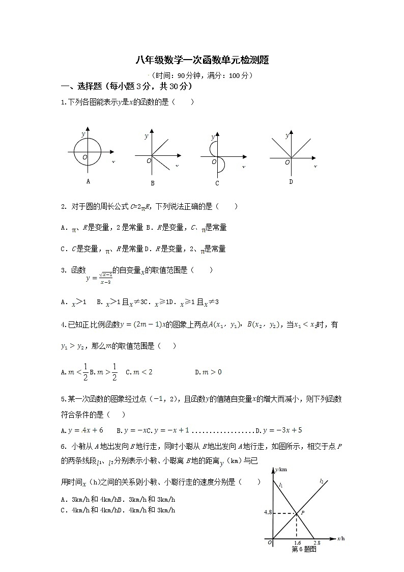 人教版八年级下册数学试卷第十九章《一次函数》章节检测题（含答案详解）第1页