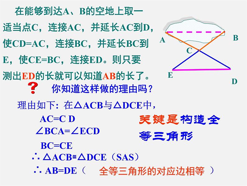 北师大初中数学七下《4.5利用三角形全等测距离》PPT课件 (1)第6页