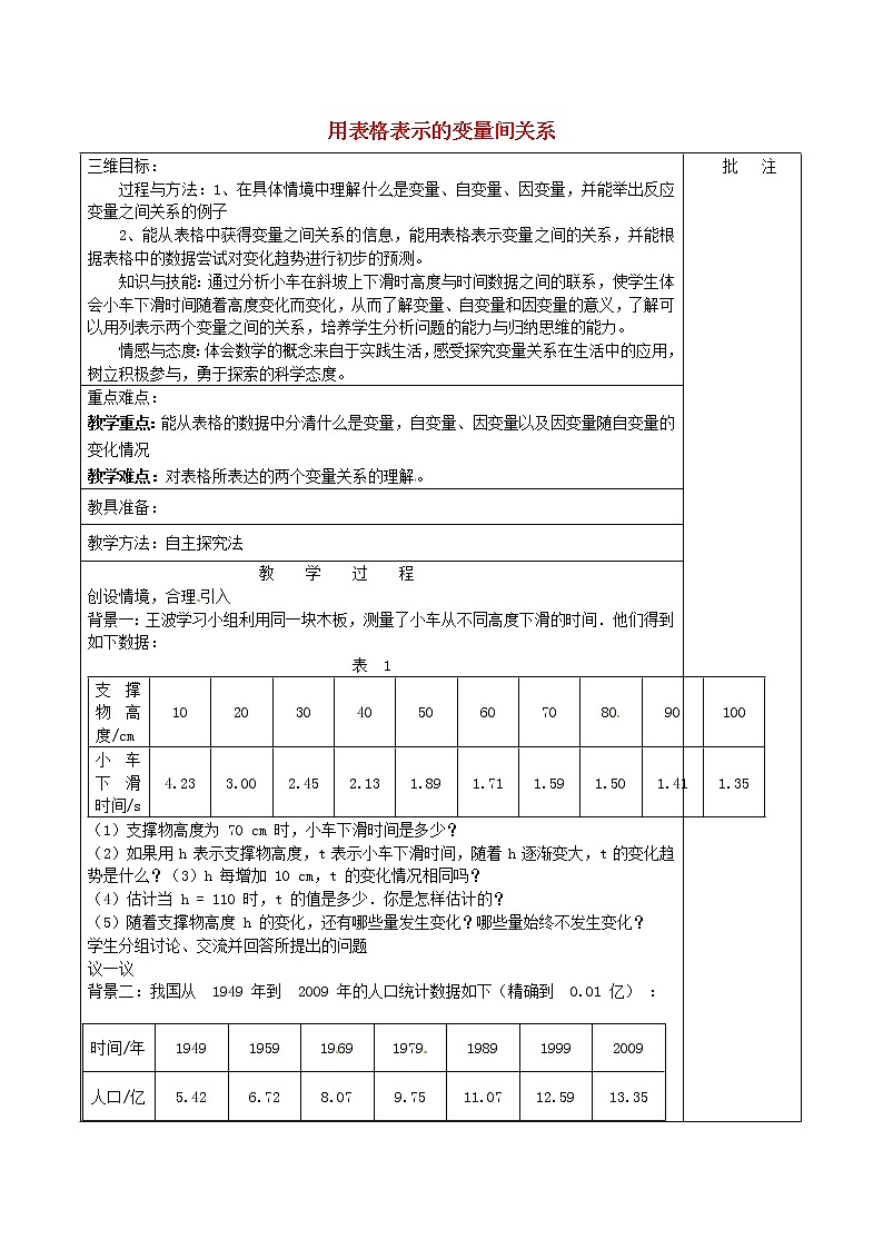北师大初中数学七下《3.1用表格表示的变量间关系》word教案 (6)第1页