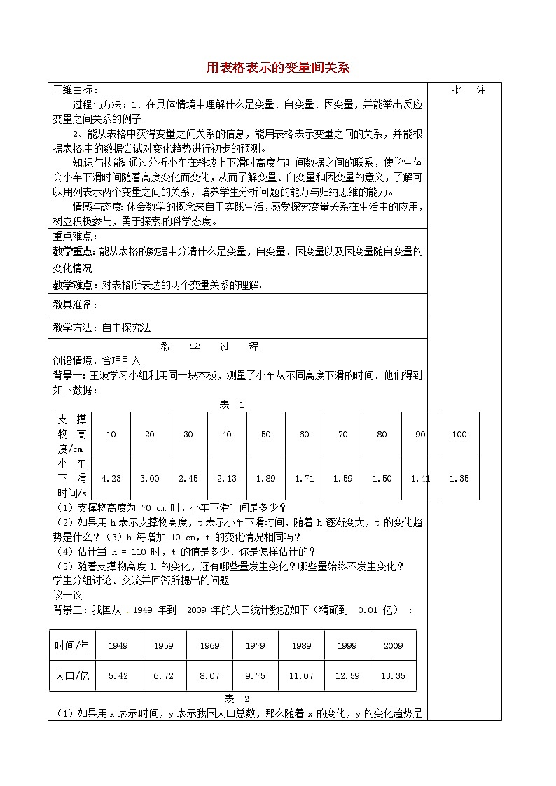 北师大初中数学七下《3.1用表格表示的变量间关系》word教案 (7)第1页