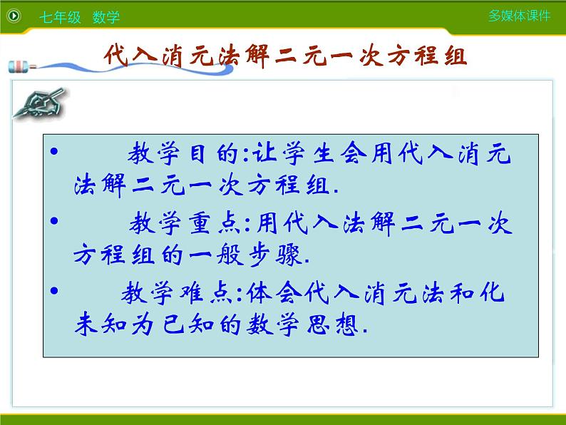 初中数学（人教版）七年级下册8.2  代入消元法解方程（1）ppt课件第1页