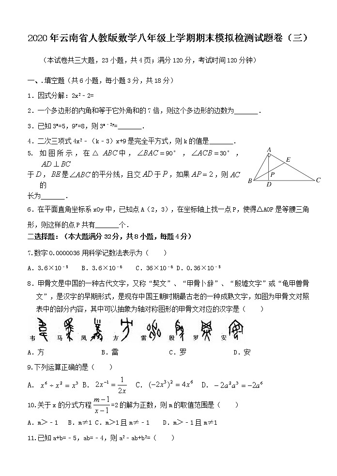 八年级上期末数学试卷2（教培机构期末复习模拟专用）第1页