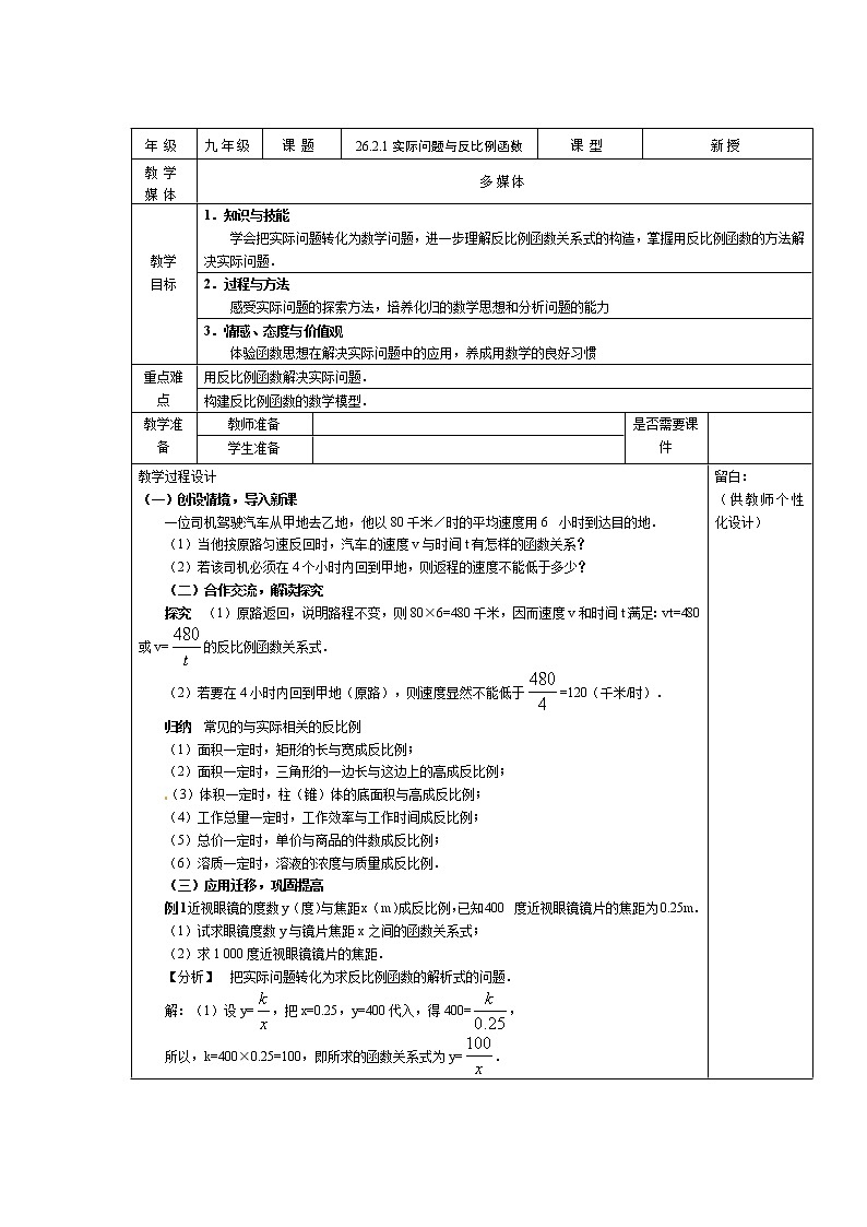 初中数学人教版九年级下册26.2.1 实际问题与反比例函数(1)精品教案第1页