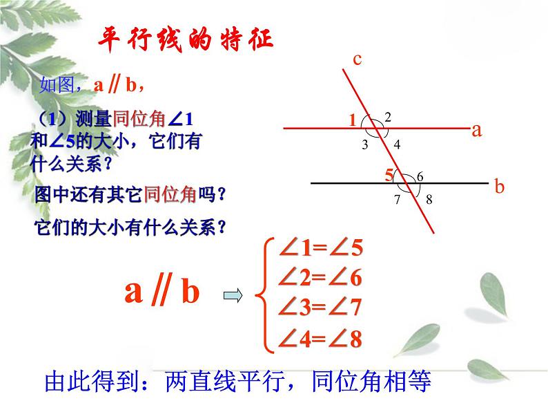 2021-2022学年度北师大版七年级数学下册课件 2.3 平行线的特征 1第5页