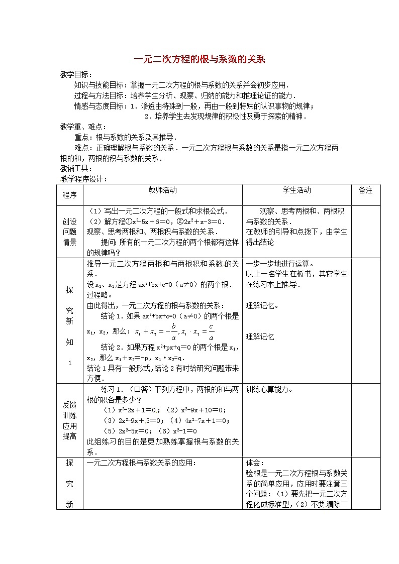 沪科初中数学八下《17.4一元二次方程的根与系数的关系》word教案 (8)01