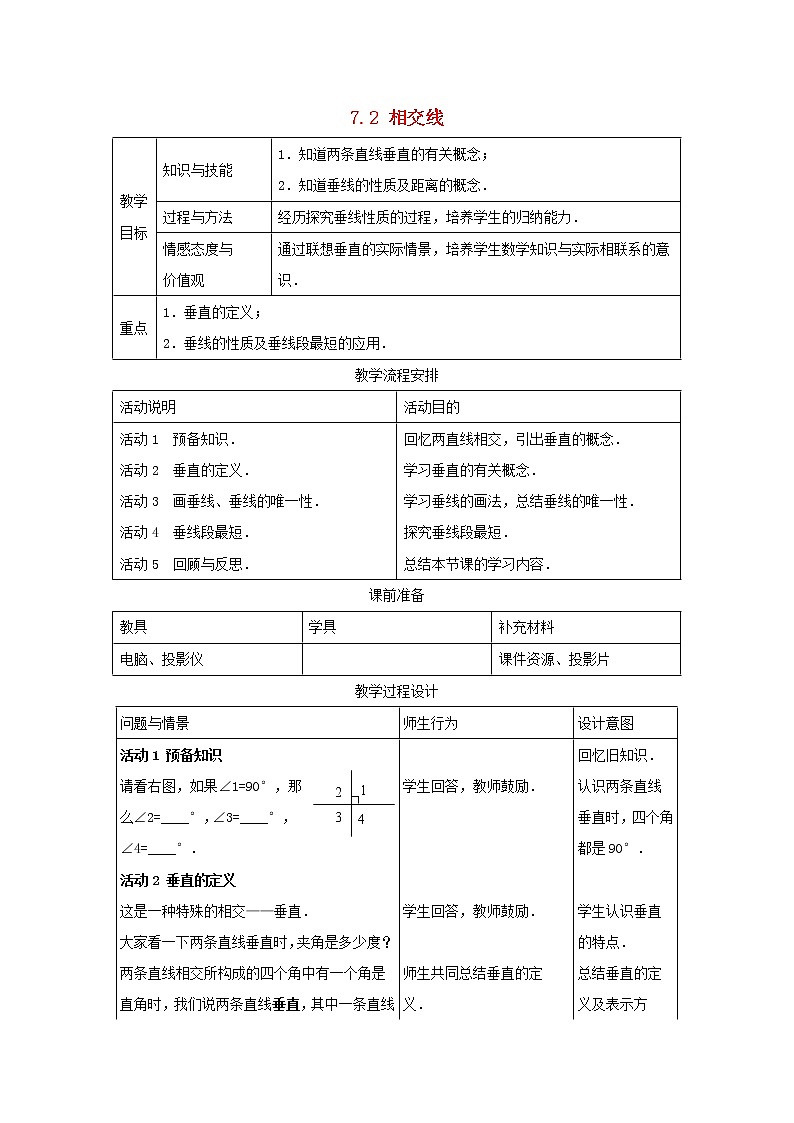 冀教初中数学七下《7.2相交线》word教案 (2)第1页