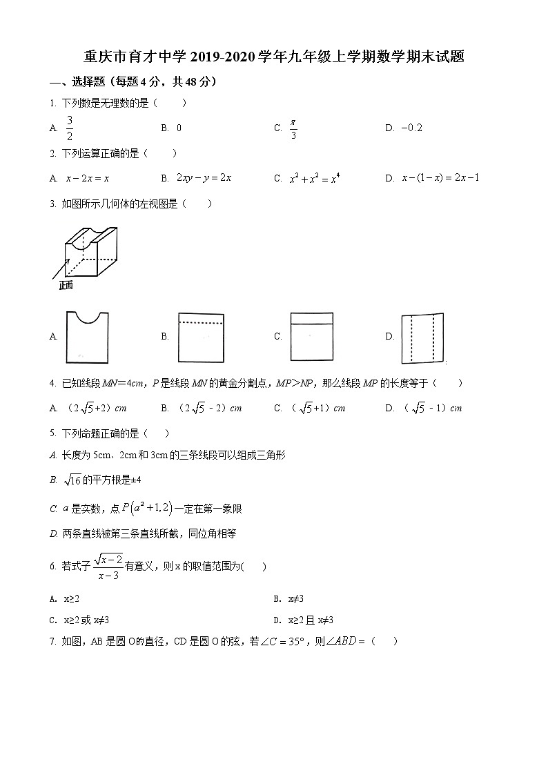 重庆市育才中学2019-2020学年九年级上学期数学期末试题第1页