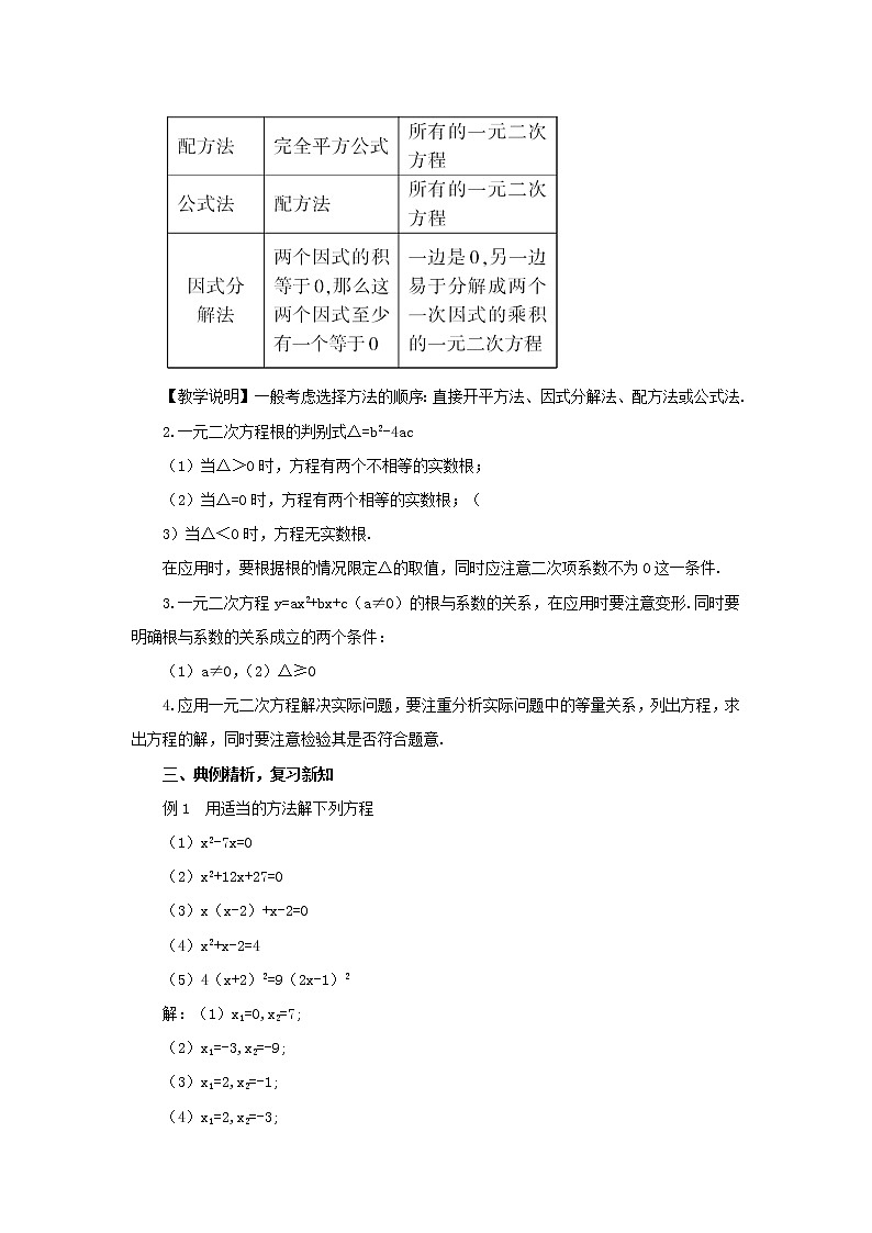华东师大初中数学九上《22 一元二次方程复习教案02