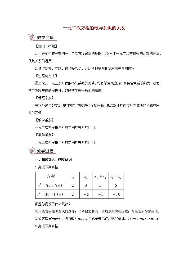 华东师大初中数学九上《22.2.5 一元二次方程的根与系数的关系教案01