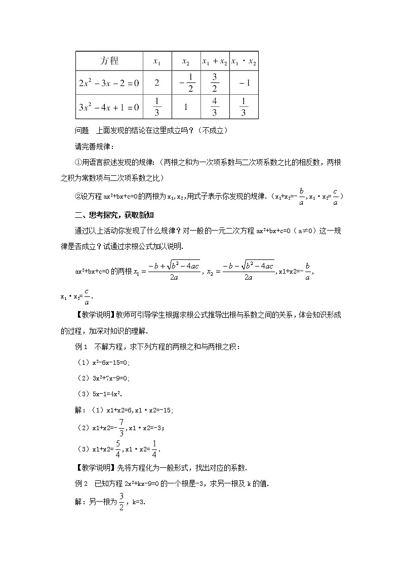 华东师大初中数学九上《22.2.5 一元二次方程的根与系数的关系教案02
