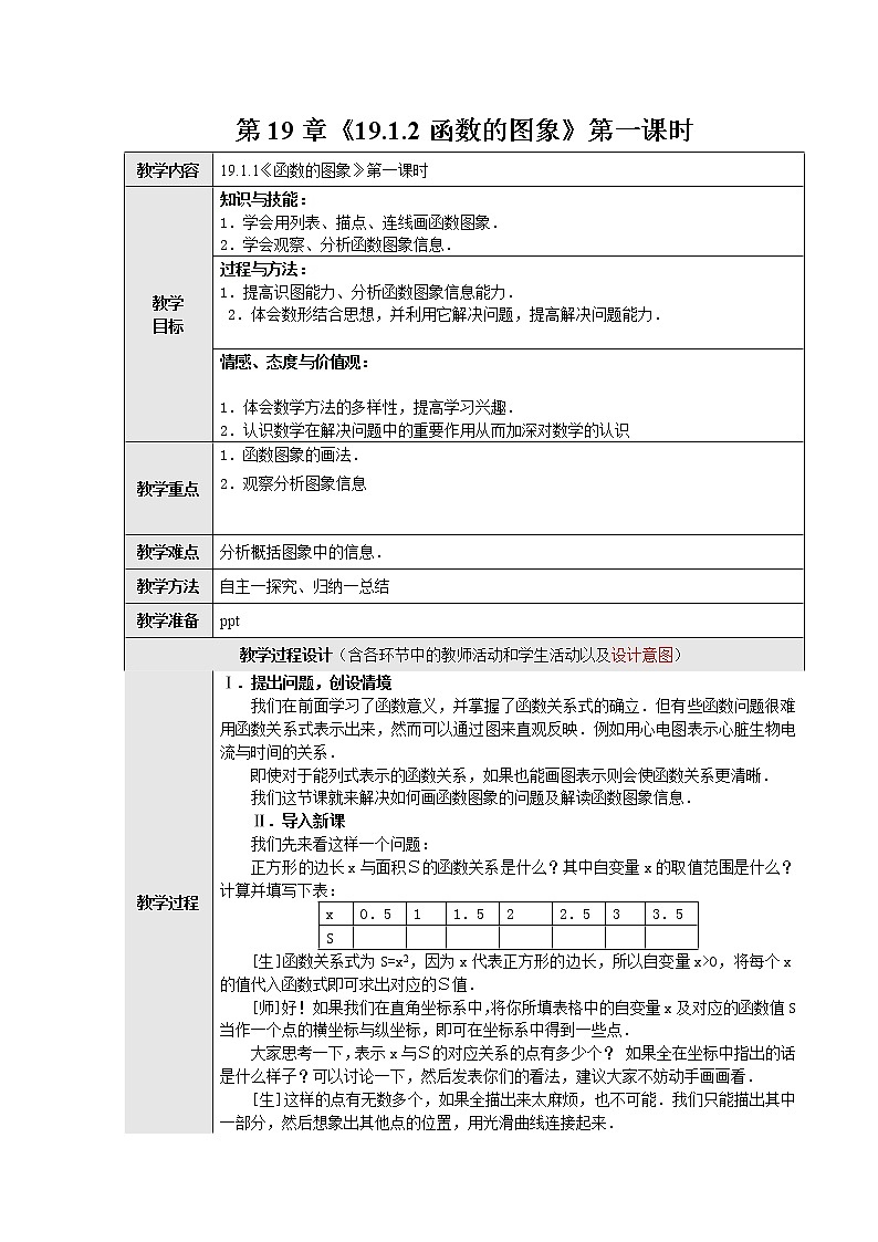 人教版数学八年级下册 19.1.2 函数的图象1 教案01