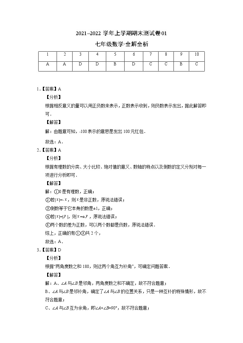 2021-2022学年七年级数学上学期期末测试卷（人教版）01（全解全析）第1页
