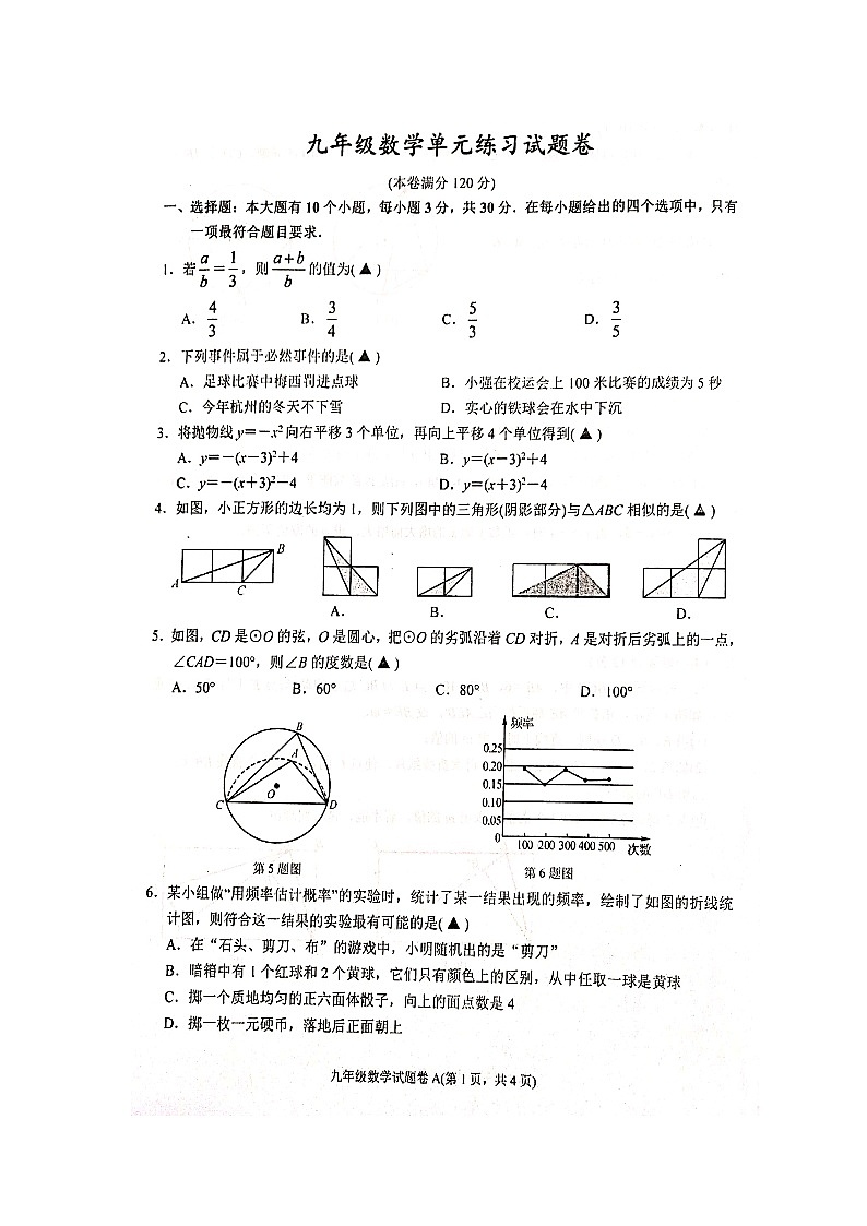 杭州市余杭区2020-2021学年第一学期九年级数学12月月考测试卷第1页