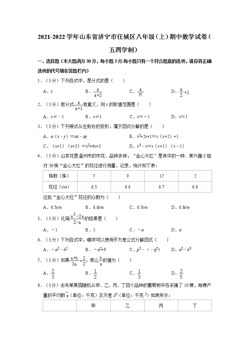 2021-2022学年山东省济宁市任城区八年级（上）期中数学试卷（五四学制）   解析版第1页