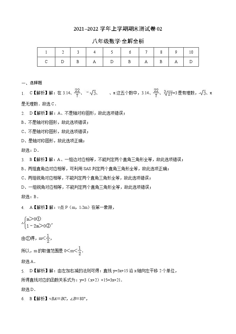 2021-2022学年八年级数学上学期期末测试卷（苏科版）02（全解全析）第1页