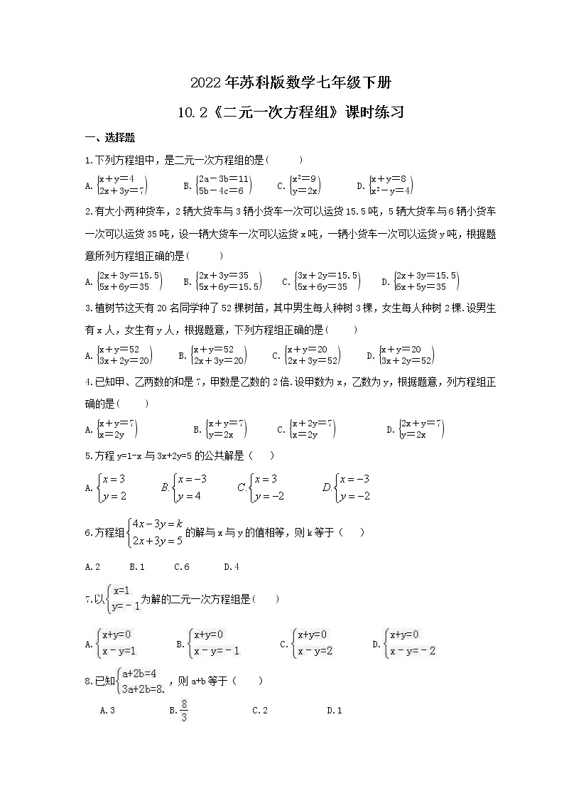 2022年苏科版数学七年级下册10.2《二元一次方程组》课时练习（含答案）01