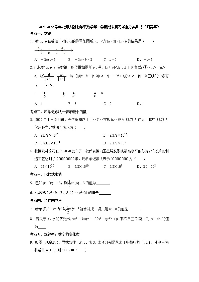 2021-2022学年北师大版七年级数学上册期末复习考点分类训练（word版 含答案）01
