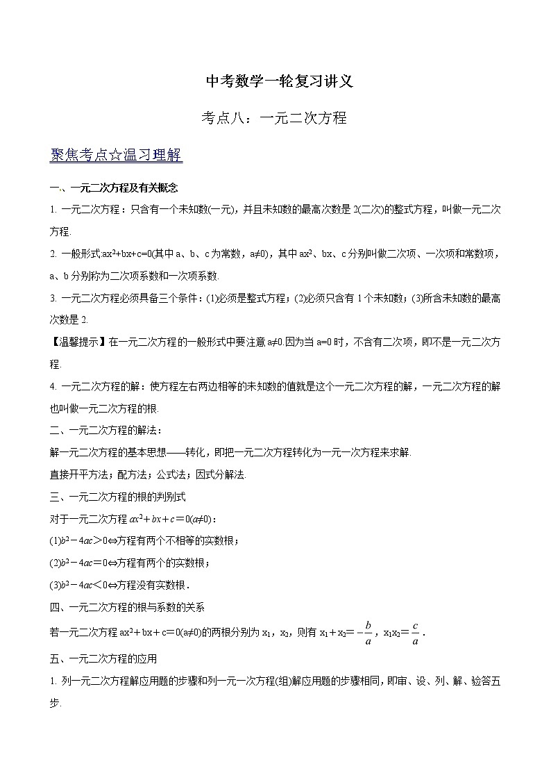 中考数学《一轮专题讲义》（41专题）第08讲 一元二次方程（原卷版）学案第1页